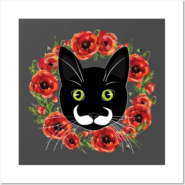 Mustache Cat with Flowers Wall Art by EMthatwonders